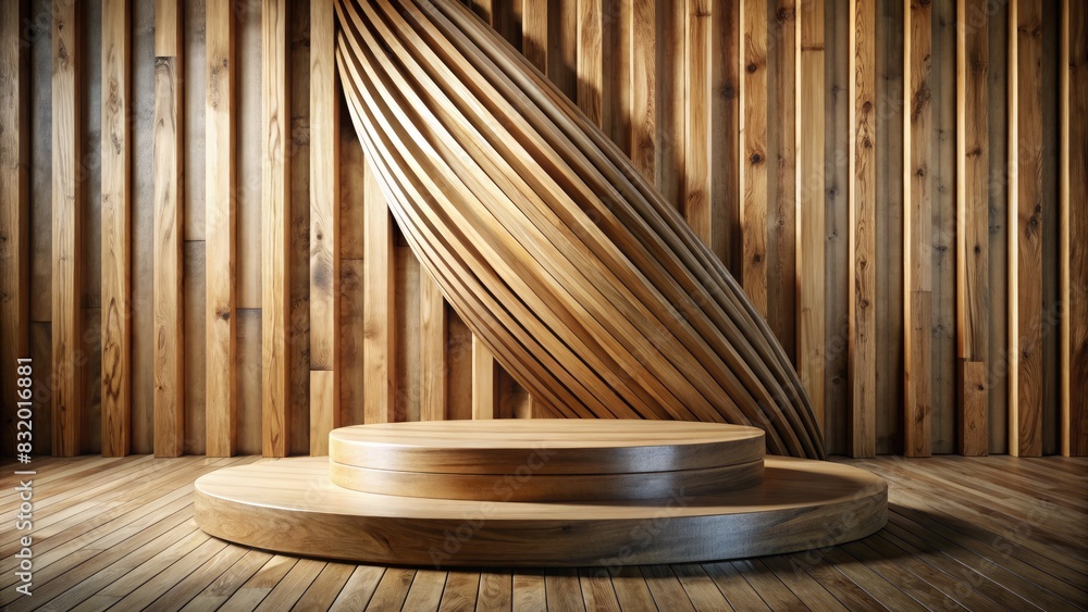 Wooden podium with artistic vertical wood panel backdrop.