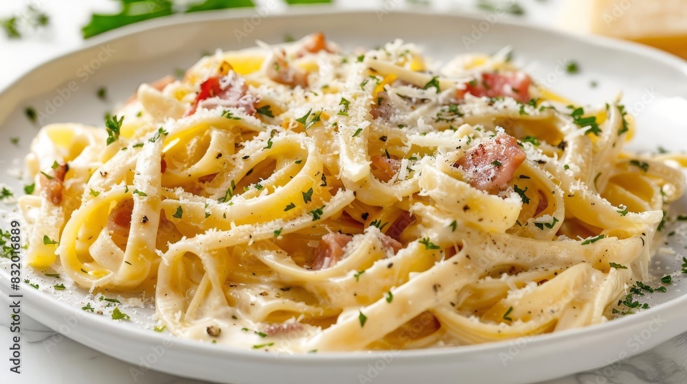 Detailed photo of a plate of pasta carbonara with creamy sauce, sprinkled with Parmesan cheese and parsley, isolated on a white background with ample copy space Detailed photo of a plate of pasta carbonara with creamy sauce, sprinkled with Parmesan cheese and parsley, isolated on a white background with ample copy space