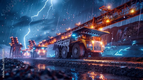 Against a backdrop of a starry night sky bolts of lightning energize a row of mining rigs shedding light on the significant energy usage of these machines. photo