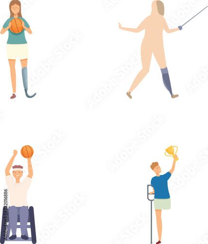 Illustration collection featuring individuals playing basketball, fishing, cheering, and holding a trophy