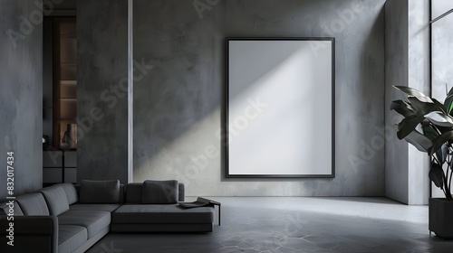 a mockup of an empty, blank poster, frame, in a living room with Contemporary architectural style and no furniture, cinematic lighting, shot on 12mm, hyper realistic