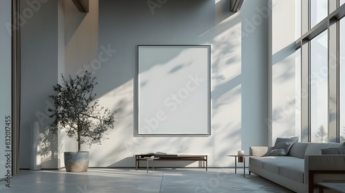 a mockup of an empty, blank poster, frame, in a living room with Contemporary architectural style and no furniture, cinematic lighting, shot on 12mm, hyper realistic