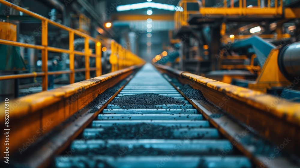 High-definition shot of conveyor belts moving raw materials through various production stages, mechanical precision, industrial environment