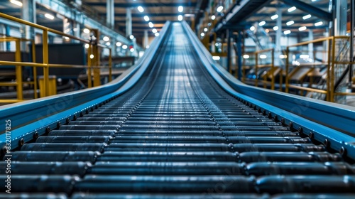 High-definition shot of conveyor belts moving raw materials through various production stages, mechanical precision, industrial environment © Paul