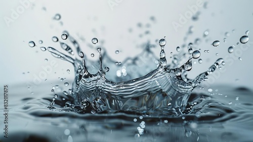 Highspeed capture of a droplet falling into water, freezing the moment of impact with crystal clear detail and dynamic splashes, against a white background photo