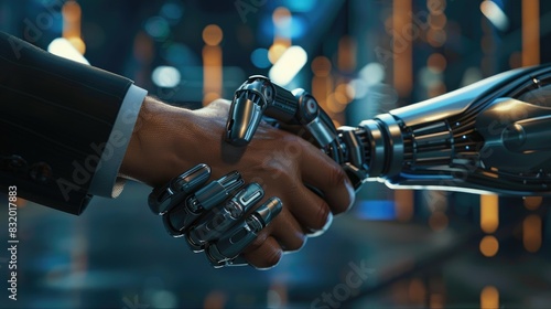closeup of a robot hand shaking hand with human hand