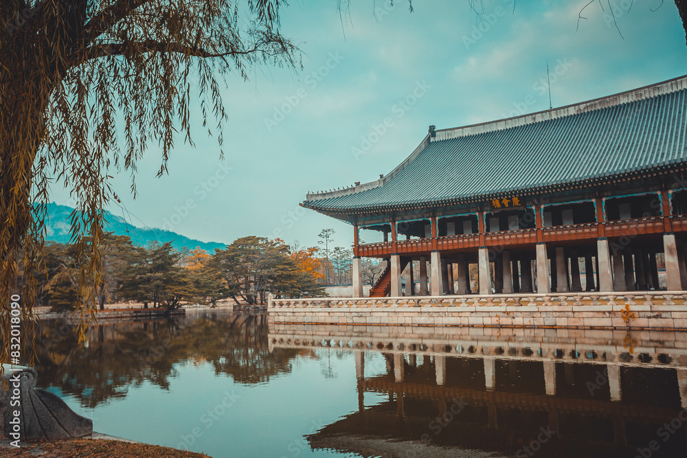 Royal pond in Gyeonbokgung Palace, Seoul, South Korea