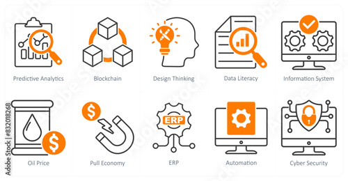 A Set of 10 Industrial icons as predictive analytics, blockchain, design thinking