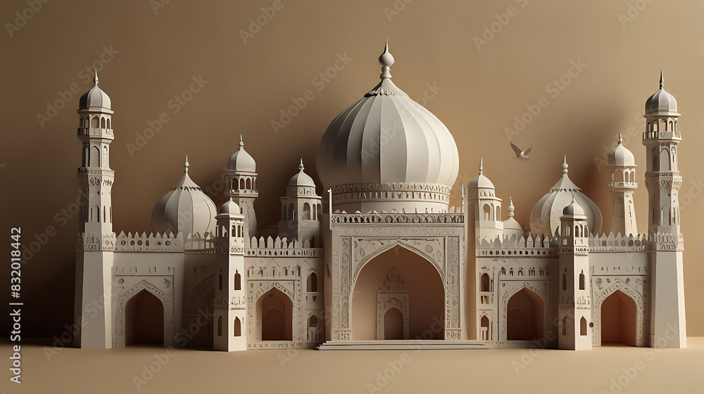 3D Template for Indian theme cards with taj mahal and Indian monuments made up of paper cut outs. Simple elements
