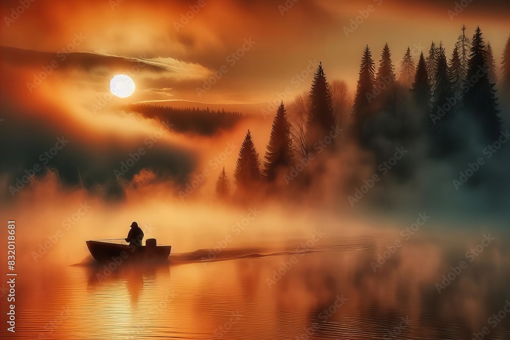 A man is in a boat on a lake, with the sun setting in the background