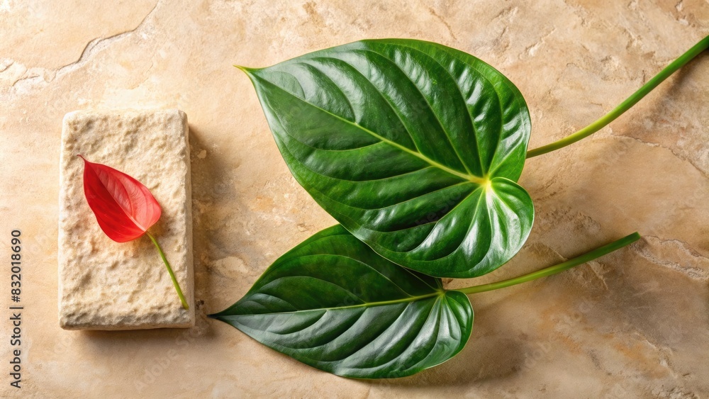 Green leaves and a single red leaf elegantly placed on a stone block.