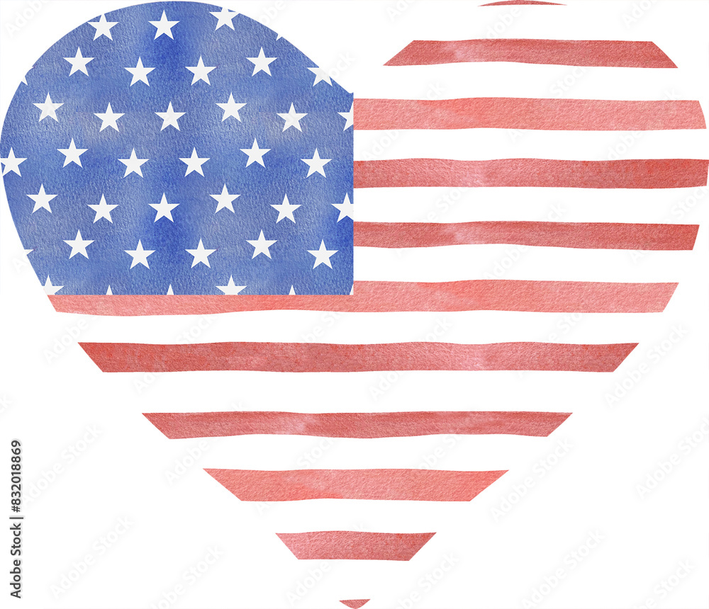 Fototapeta premium Watercolor patriotic heart for 4th of July. USA Independence Day decor in heart shape. Isolated on white.