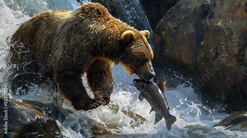 A brown bear catches a salmon at brooks falls photo