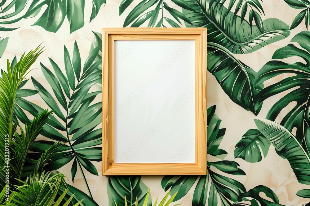 Wooden poster frame mockup on a minimal leaf pattern wallpaper Wooden poster frame mockup on a minimal leaf pattern wallpaper