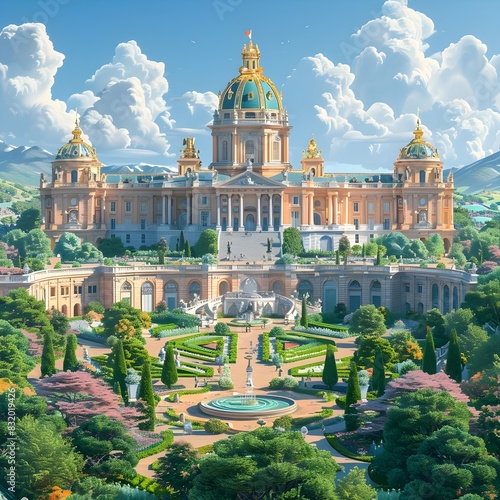 Isometric D Cartoon of Palace of Versailles with Gardens and Blue Sky I Love France