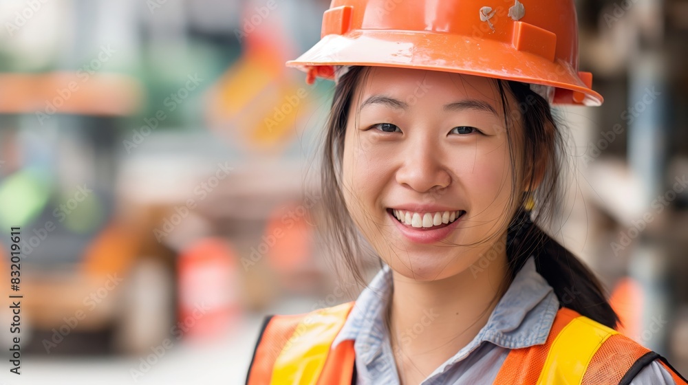 Portrait of Smiling Young Chinese Woman Wearing Safety Helmet and Reflective Vest at Construction Site Portrait of Smiling Young Chinese Woman Wearing Safety Helmet and Reflective Vest at Construction Site