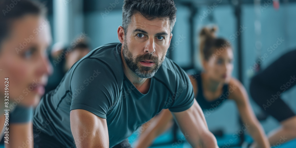 A focused athlete with a blurred face in the foreground preparing for a workout in a gym, with others in the background A focused athlete with a blurred face in the foreground preparing for a workout in a gym, with others in the background