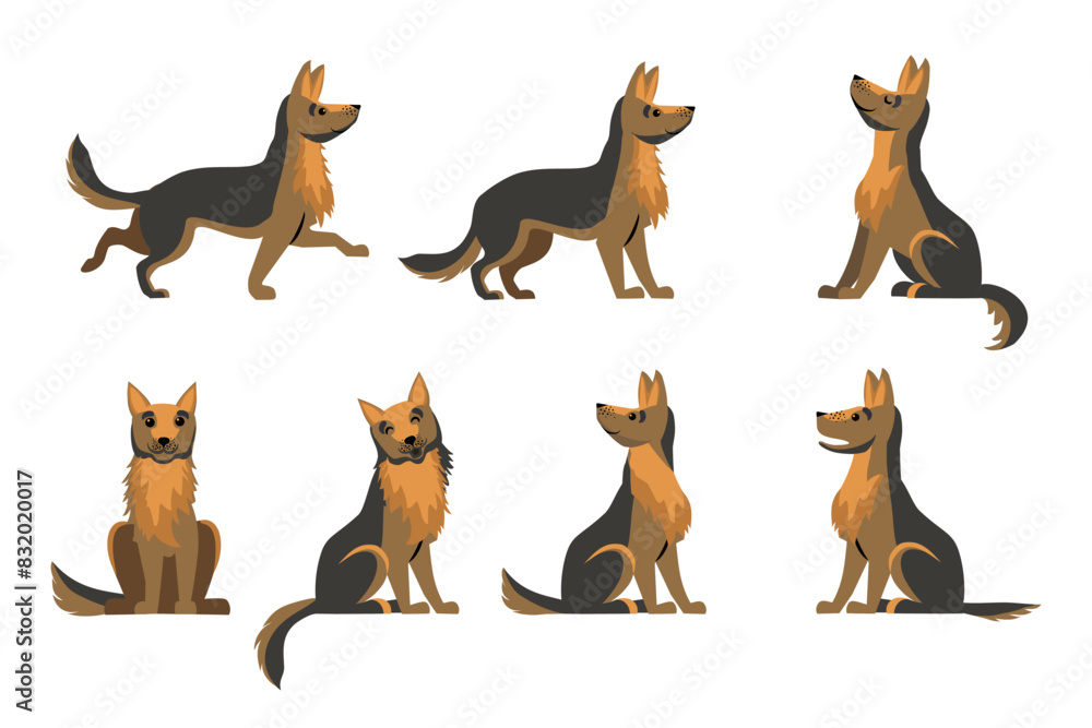 Cartoon shepherd animals with various emotions, funny Cute dog in different poses. flat set of dog. Set of funny pet animals isolated on white background. Dog German shepherd breed sitting. 