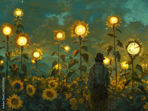 A man with a clock for a face stands amidst a field of towering sunflowers, each flower head replaced by a glowing lightbulb. photo