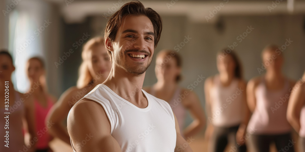 A fitness instructor leading a diverse group of participants in an exercise class A fitness instructor leading a diverse group of participants in an exercise class
