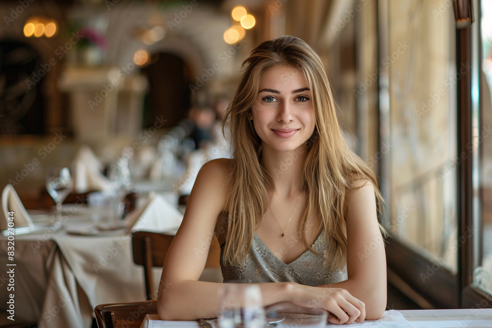 A woman is sitting at a table in a restaurant, smiling and looking at the camera
