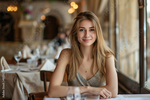 A woman is sitting at a table in a restaurant  smiling and looking at the camera