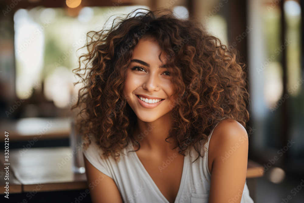 A woman with curly hair is smiling and sitting at a table A woman with curly hair is smiling and sitting at a table