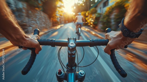 Cyclist's perspective riding down a street with sunset ahead