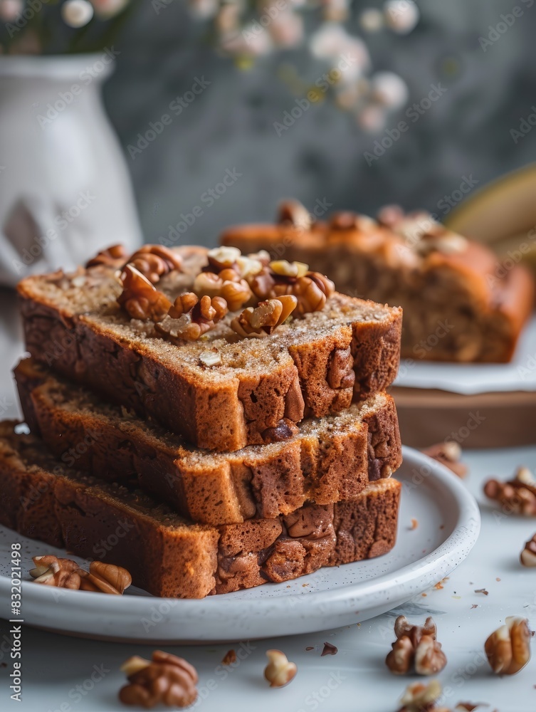 A stack of banana bread with chopped walnuts on a cake, chocolate, dessert, food, sweet, plate, brownie, delicious, brown, white, cream, baked, chocolate cake, brownies, slice, gourmet, snack, bakery A stack of banana bread with chopped walnuts on a cake, chocolate, dessert, food, sweet, plate, brownie, delicious, brown, white, cream, baked, chocolate cake, brownies, slice, gourmet, snack, bakery