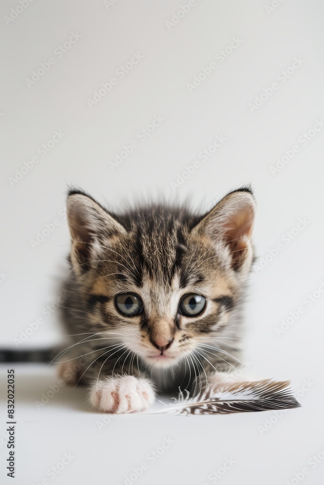 A tiny kitten playing with a feather toy set again A tiny kitten playing with a feather toy set again