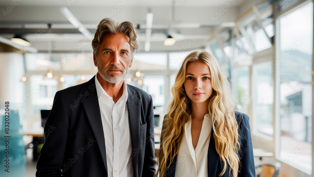 Two confident business professionals standing in a modern office, illustrating teamwork and corporate success. Two confident business professionals standing in a modern office, illustrating teamwork and corporate success.