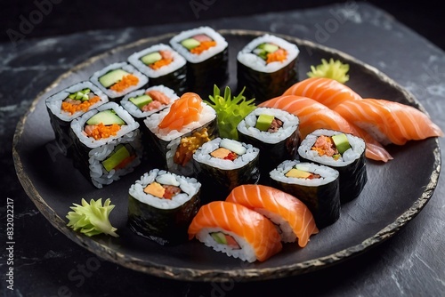 Platter with various types of sushi and rolls  on black .surface. Generative AI