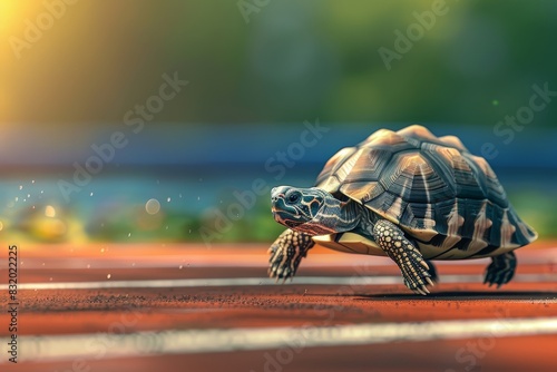 A small turtle is walking on a track photo