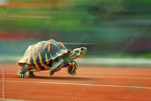 A small turtle is walking on a track photo