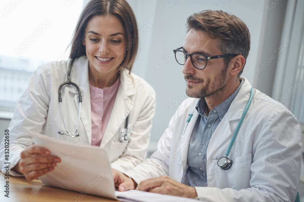 Two European doctors are looking at document going through patient's results in office . One of them is smiling. The other one is wearing glasses Two European doctors are looking at document going through patient's results in office . One of them is smiling. The other one is wearing glasses