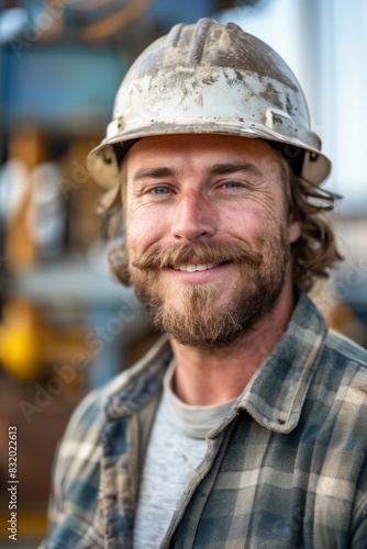 frontal photo of a smiling worker with hardhat, ai generated