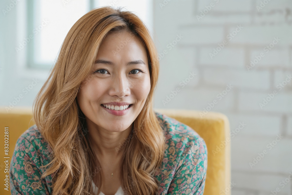 Asian woman with long brown hair is smiling and sitting on a couch. Portrait of happy Asian beautiful 40-year-old woman Asian woman with long brown hair is smiling and sitting on a couch. Portrait of happy Asian beautiful 40-year-old woman
