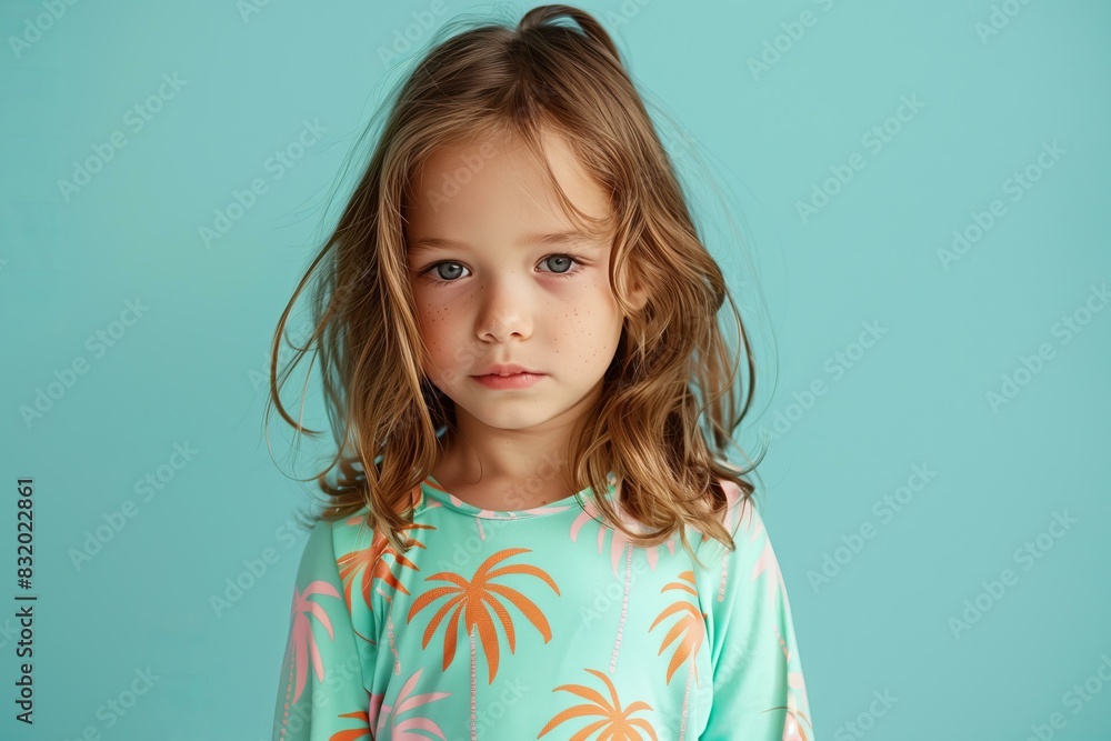 thoughtful young girl with shoulder-length light brown hair, dressed in a mint green outfit with pink and orange palm tree prints, standing with a light blue background. thoughtful young girl with shoulder-length light brown hair, dressed in a mint green outfit with pink and orange palm tree prints, standing with a light blue background.