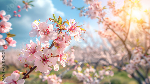 Spring landscape with blossoming almond tree with pink flowers