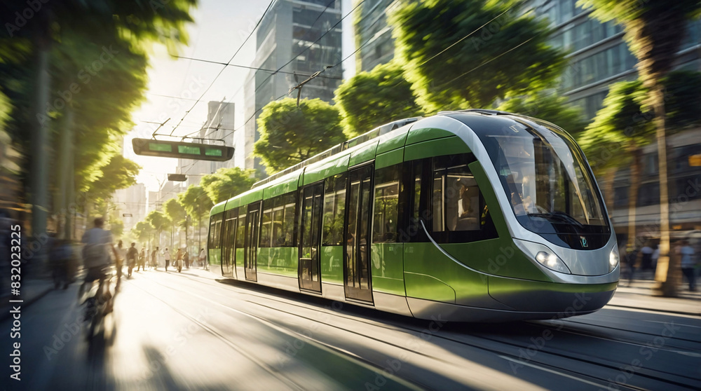 Electric green tram, streetcar driving in green city downtown, motion blur. Eco friendly sustainable public transport
Electric green tram, streetcar driving in green city downtown, motion blur. Eco friendly sustainable public transport