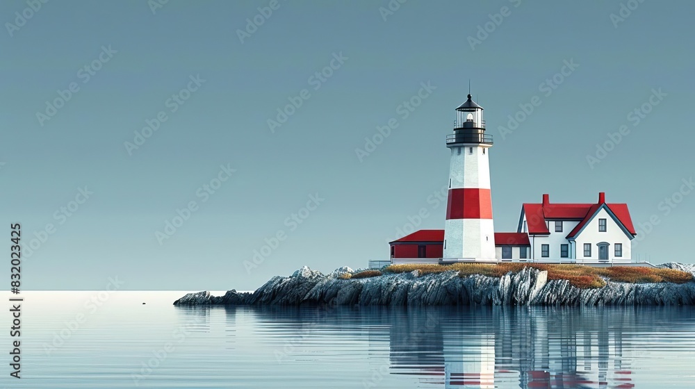 Scenic lighthouse on rocky shore with red roof buildings and calm sea. Tranquil coastal landscape with serene sky and water reflection.