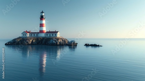 Serene coastal view with a majestic lighthouse standing on a rocky island, surrounded by calm blue waters and a clear sky.