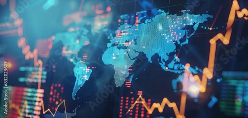Global markets overview with dynamic financial data overlaying a detailed world map background, highlighting key economic regions