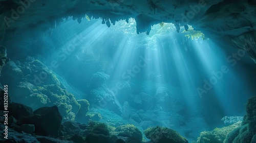 Sunlight streams through the opening of an underwater cave, illuminating the serene aquatic landscape and rocky formations beneath the ocean.