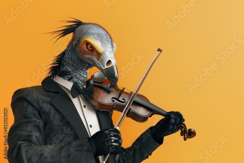 A vulture dressed in a suit and bow tie is playing a violin