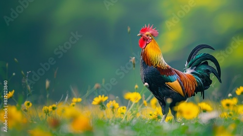 Colorful rooster crowing on the meadow with yellow flowers, green background © EnelEva