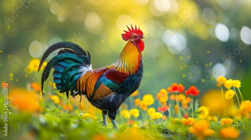 Colorful rooster crowing on the meadow with yellow flowers, green background photo