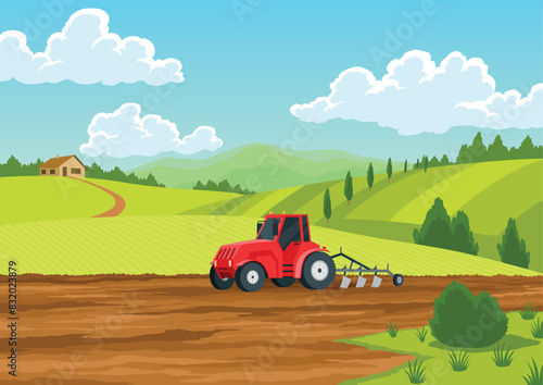 Agriculture farming landscape. Countryside land. Tractor plowing the field on rural landscape background. Farm life, soil cultivation process. Vector cartoon illustration