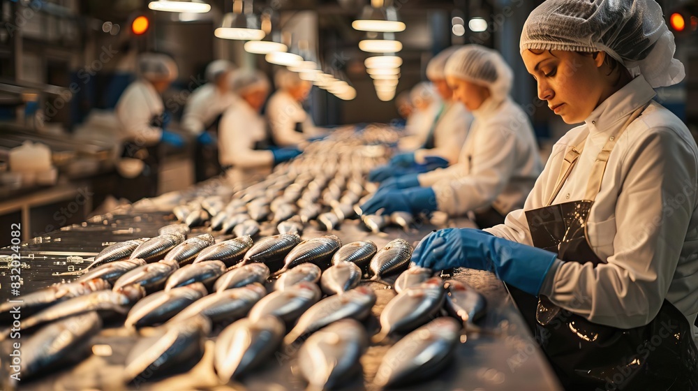 Fish Production Operative Workers in a seafood processing factory sorting fresh fish on a ...