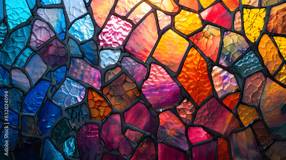 An abstract background inspired by stained glass. Use bold, segmented colors separated by dark lines to create a mosaic effect that captures the light and glows with vibrant hues. An abstract background inspired by stained glass. Use bold, segmented colors separated by dark lines to create a mosaic effect that captures the light and glows with vibrant hues.